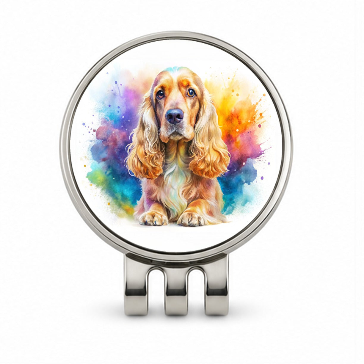 English Cocker Spaniel Dog Watercolor Style Golf Hat Clip with Ball Marker