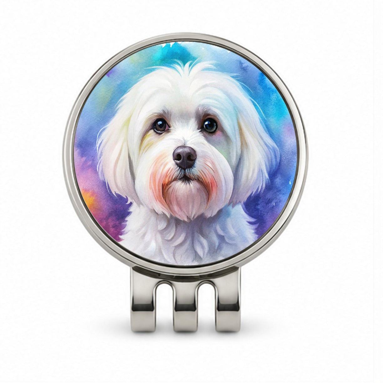 Maltese Dog Watercolor Style Golf Hat Clip with Ball Marker