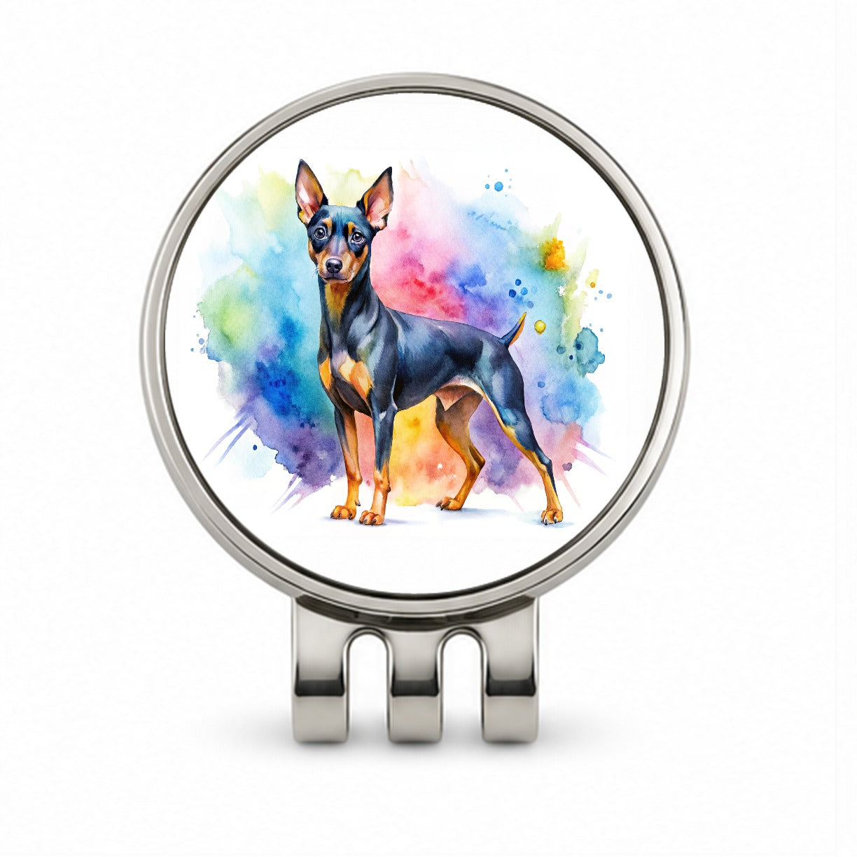 Miniature Pinscher Dog Watercolor Style Golf Hat Clip with Ball Marker