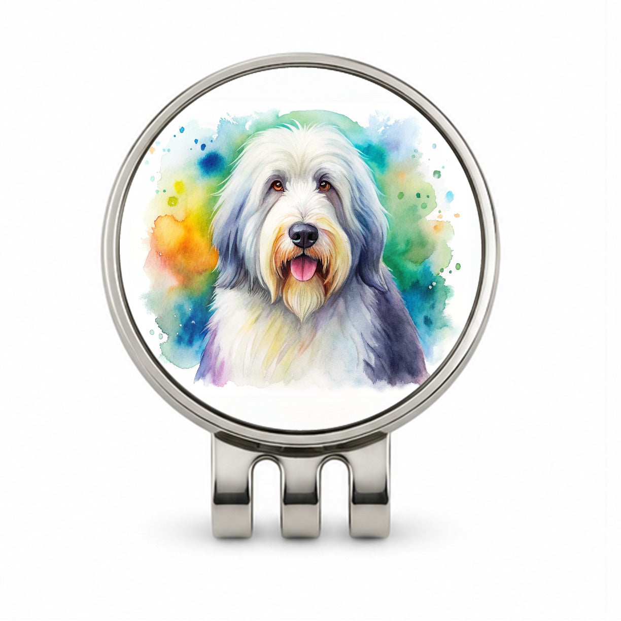 Old English Sheepdog Dog Watercolor Style Golf Hat Clip with Ball Marker