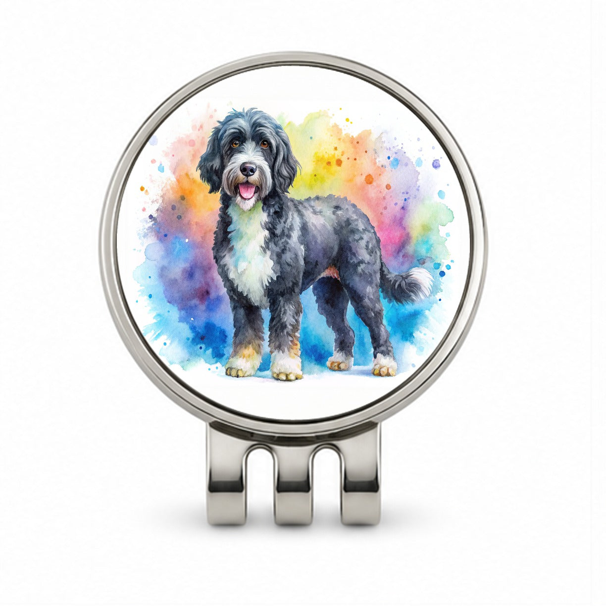 Portuguese Water Dog Watercolor Style Golf Hat Clip with Ball Marker