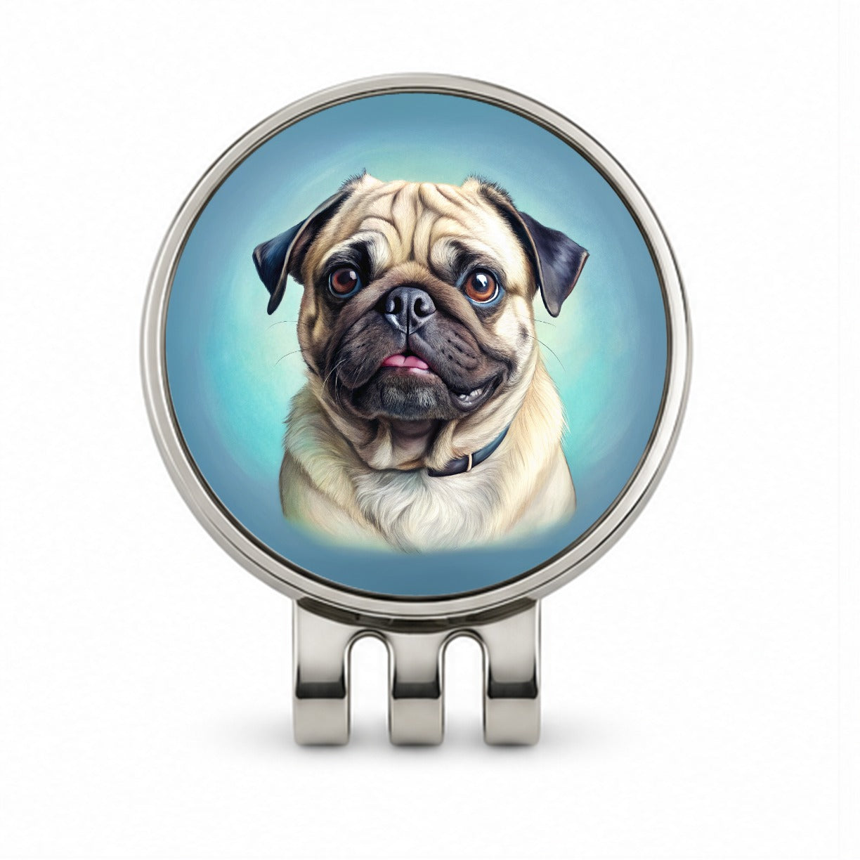 Pug Dog Illustration Golf Hat Clip with Ball Marker