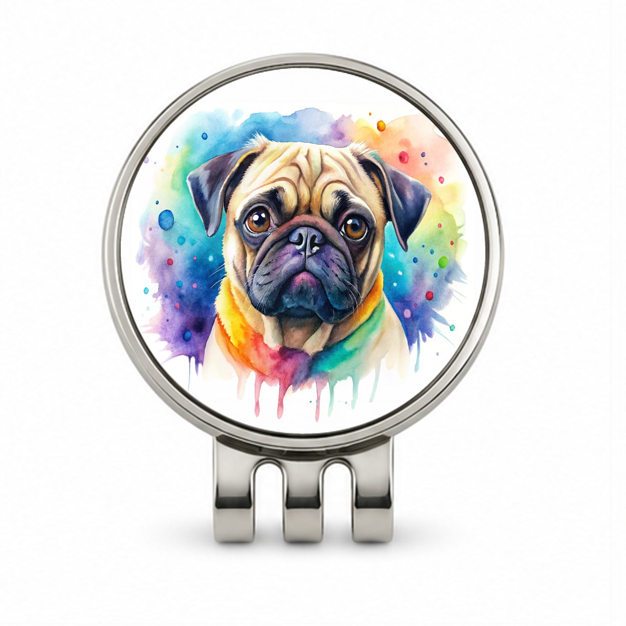 Pug Dog Watercolor Style Golf Hat Clip with Ball Marker