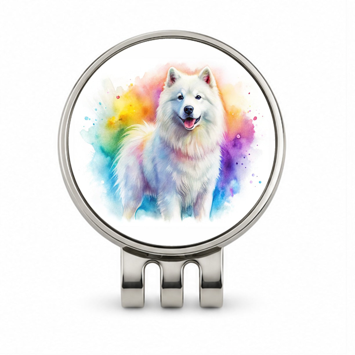 Samoyed Dog Watercolor Style Golf Hat Clip with Ball Marker