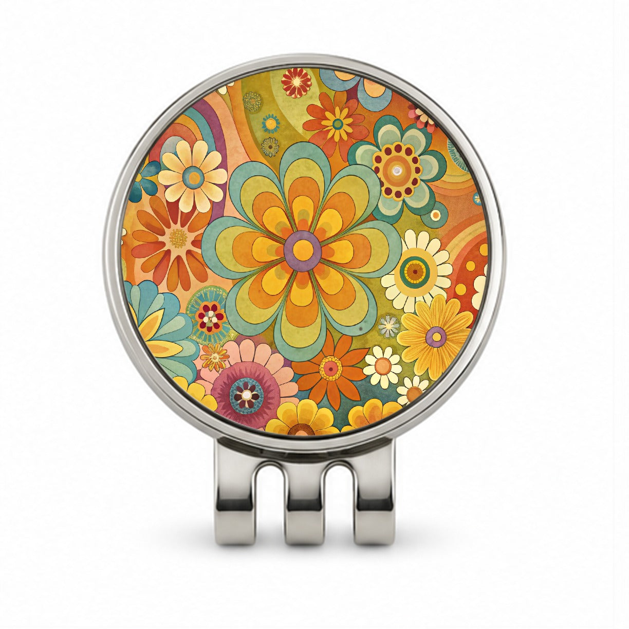 70's Retro Groovy Hippie Pretty Floral Design Golf Hat Clip with Ball Marker