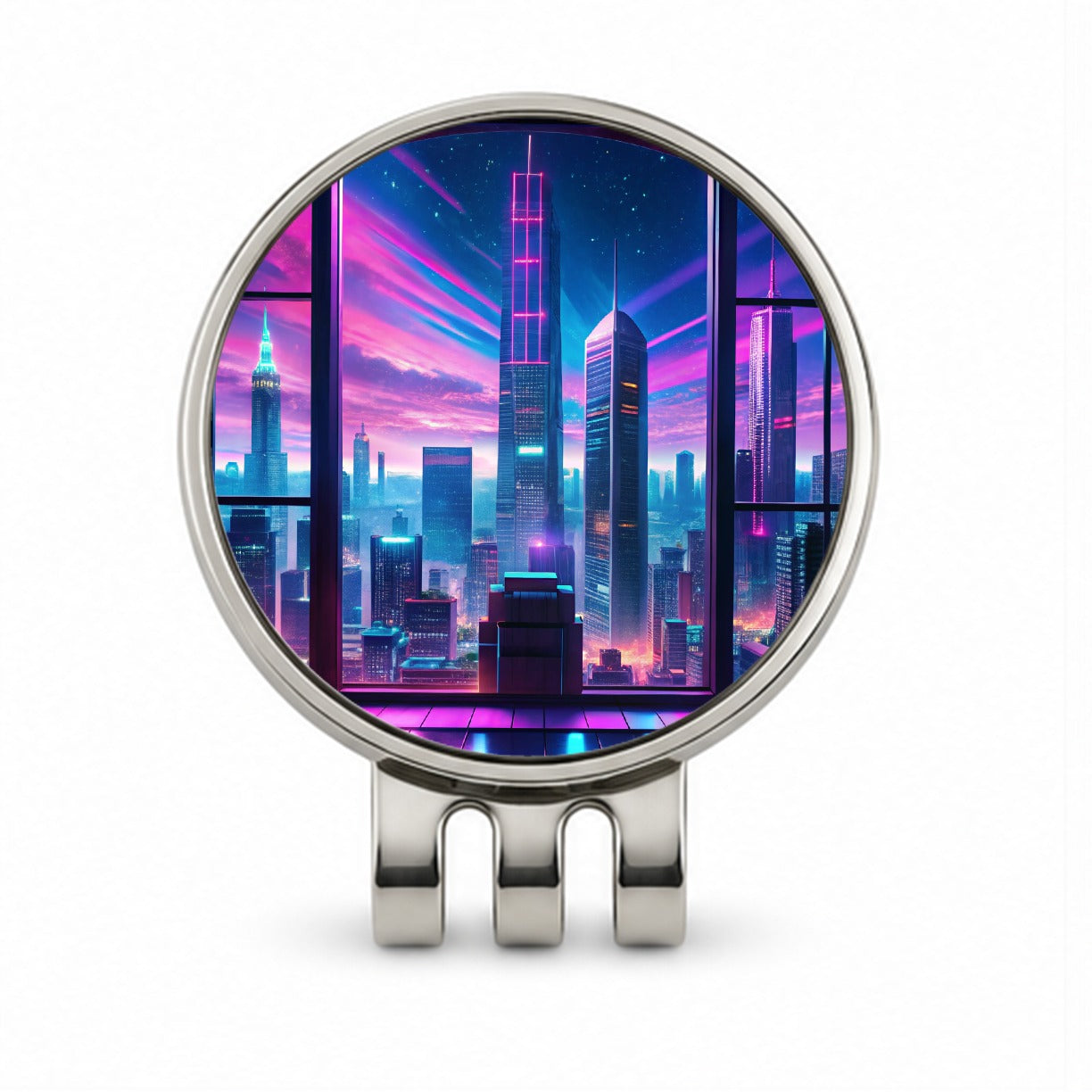 Neon Cityscape As Seen Through Skyscraper Window Purple Blue Golf Hat Clip with Ball Marker