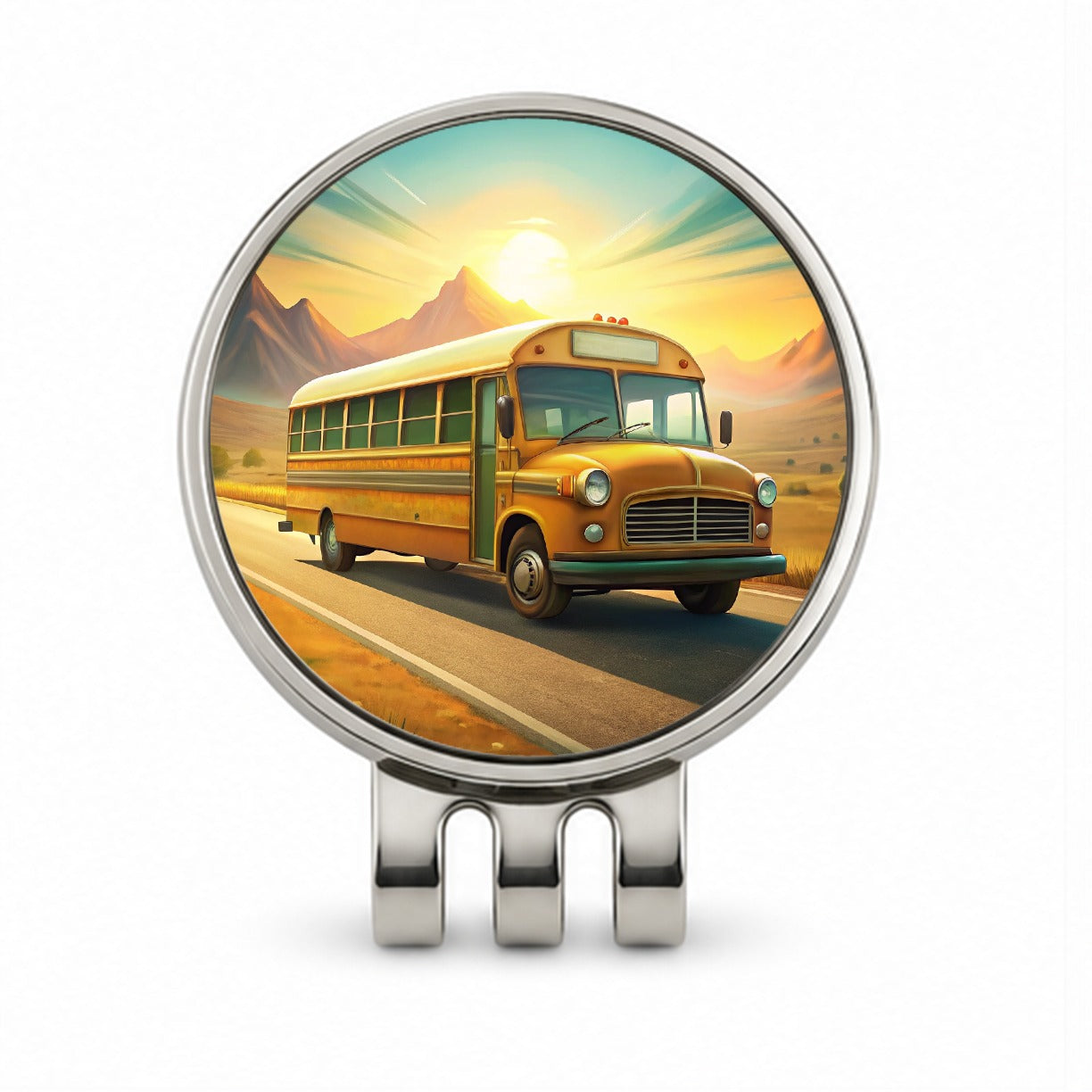 Retro School Bus On Road Golf Hat Clip with Ball Marker