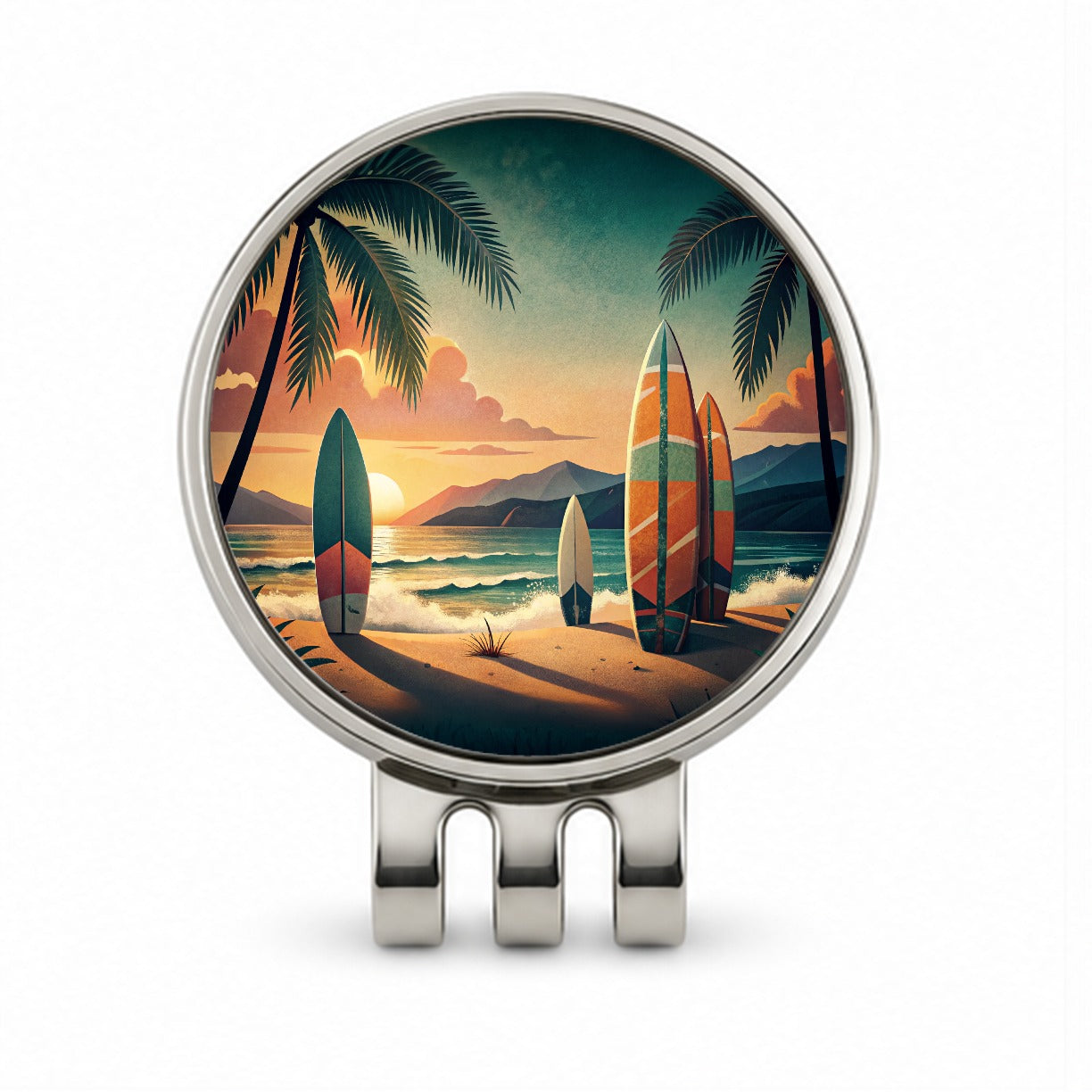 Retro Surfboards On Beach Tropical Sunset Illustration Golf Hat Clip with Ball Marker