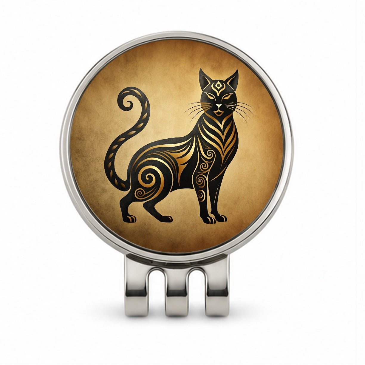 Stylized Black Cat Design Golf Hat Clip with Ball Marker