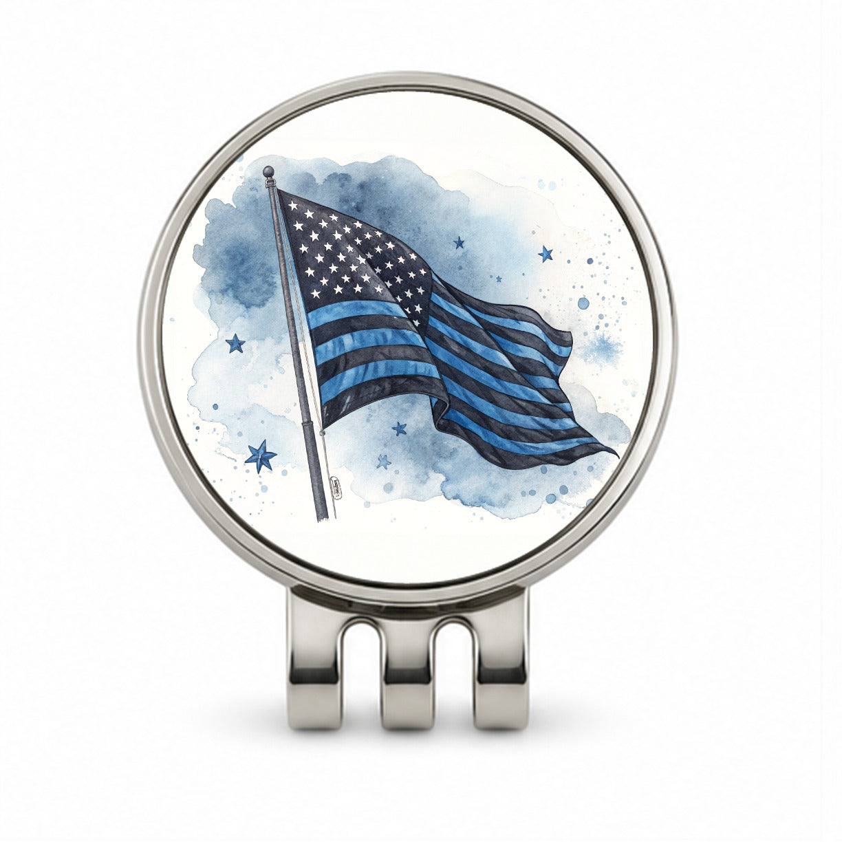 Black Blue Waving American Flag Watercolor USA United States Golf Hat Clip with Ball Marker