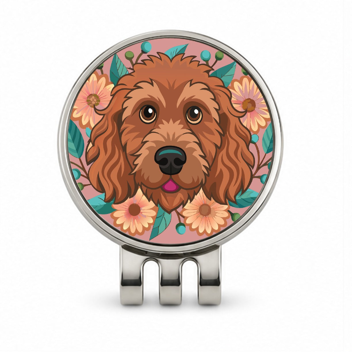 Brown Labradoodle Head Floral Motif Dog Pink Background Golf Hat Clip with Ball Marker