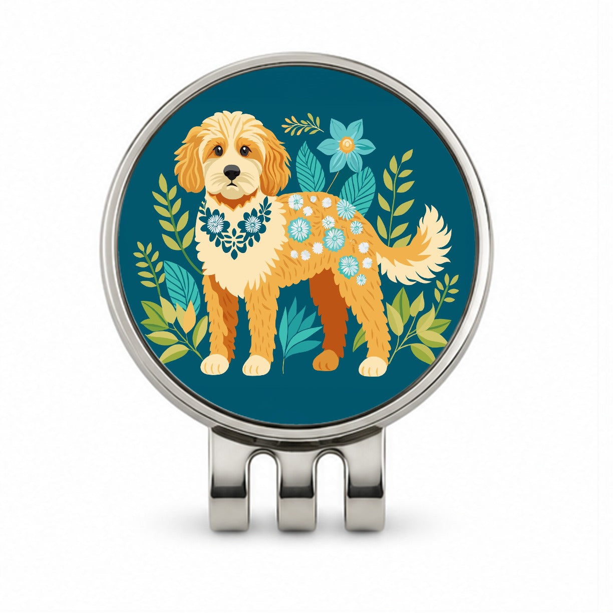 Cavapoo Floral Motif Dog Golf Hat Clip with Ball Marker