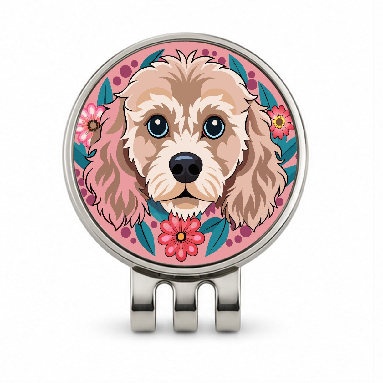 Cavapoo Head Floral Motif Pink Dog Golf Hat Clip with Ball Marker
