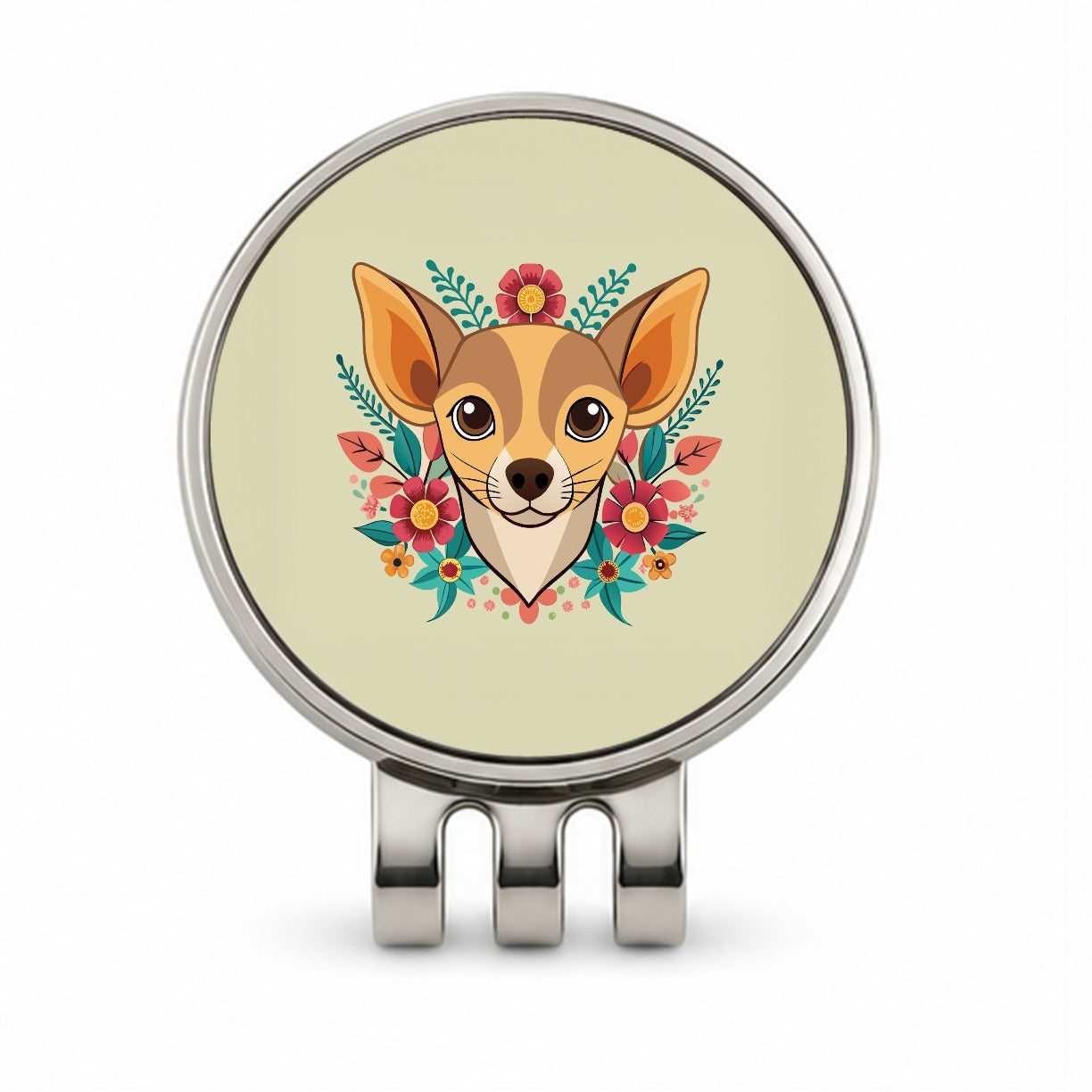 Chiweenie Head Floral Motif Dog Golf Hat Clip with Ball Marker