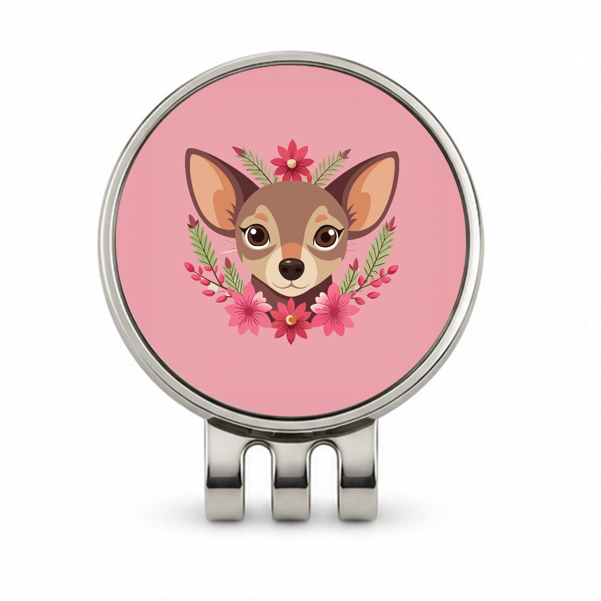 Chiweenie Head Floral Motif Pink Dog Golf Hat Clip with Ball Marker