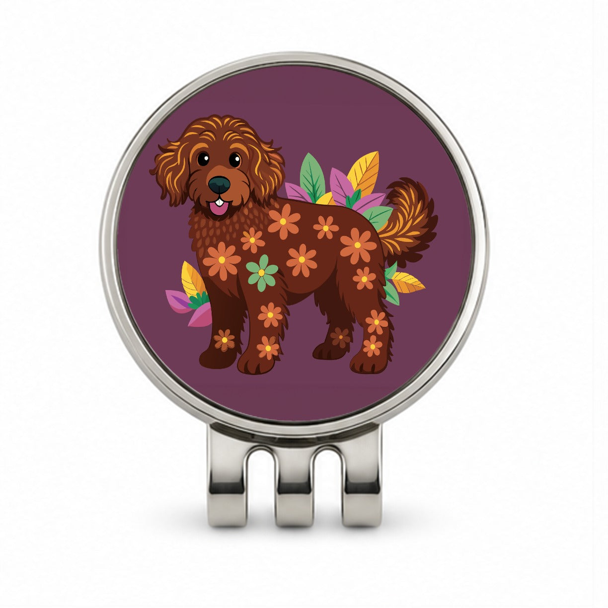 Dark Brown Golden Doodle Floral Motif Purple Dog Golf Hat Clip with Ball Marker