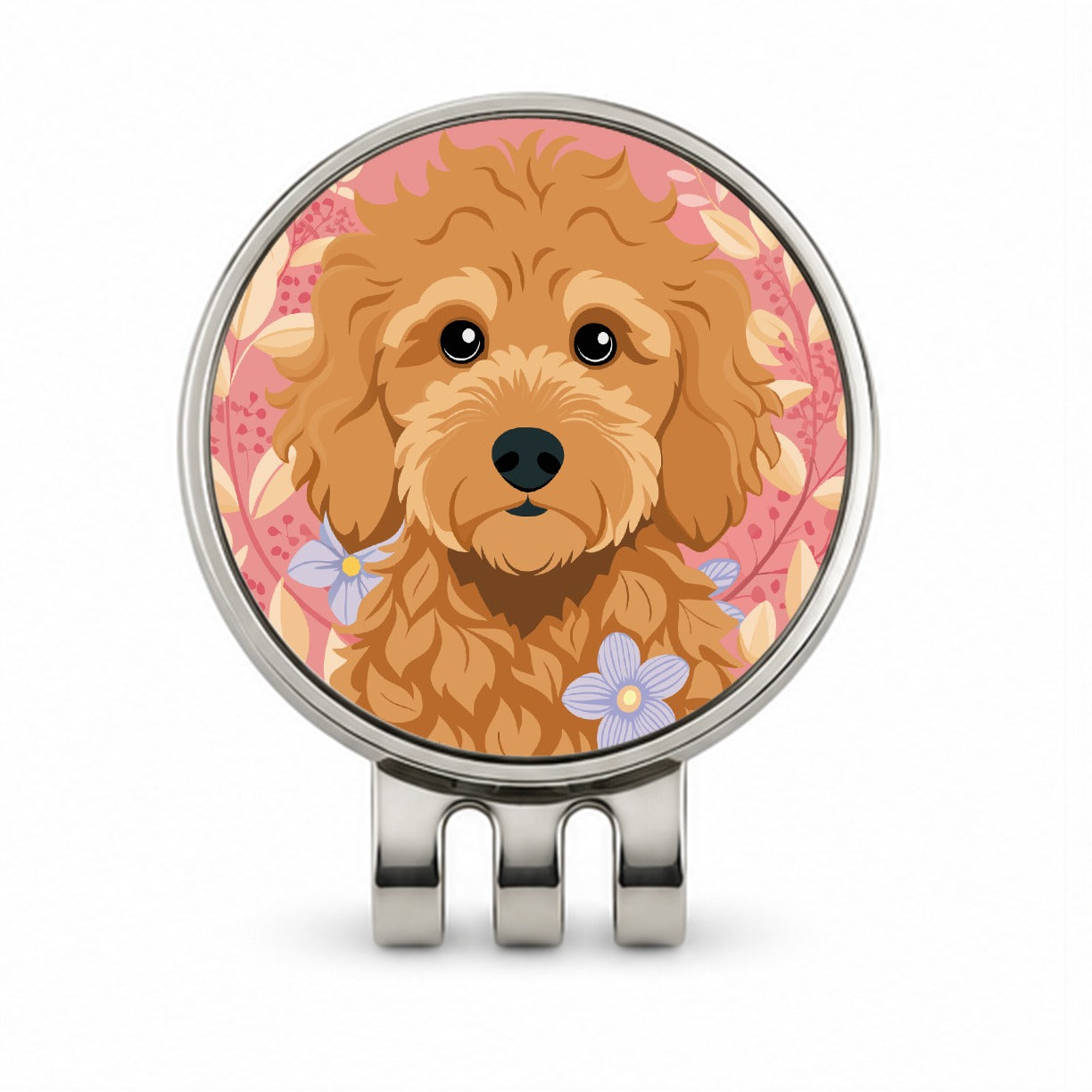 Golden Doodle Brown Head Floral Motif Pink Dog Golf Hat Clip with Ball Marker