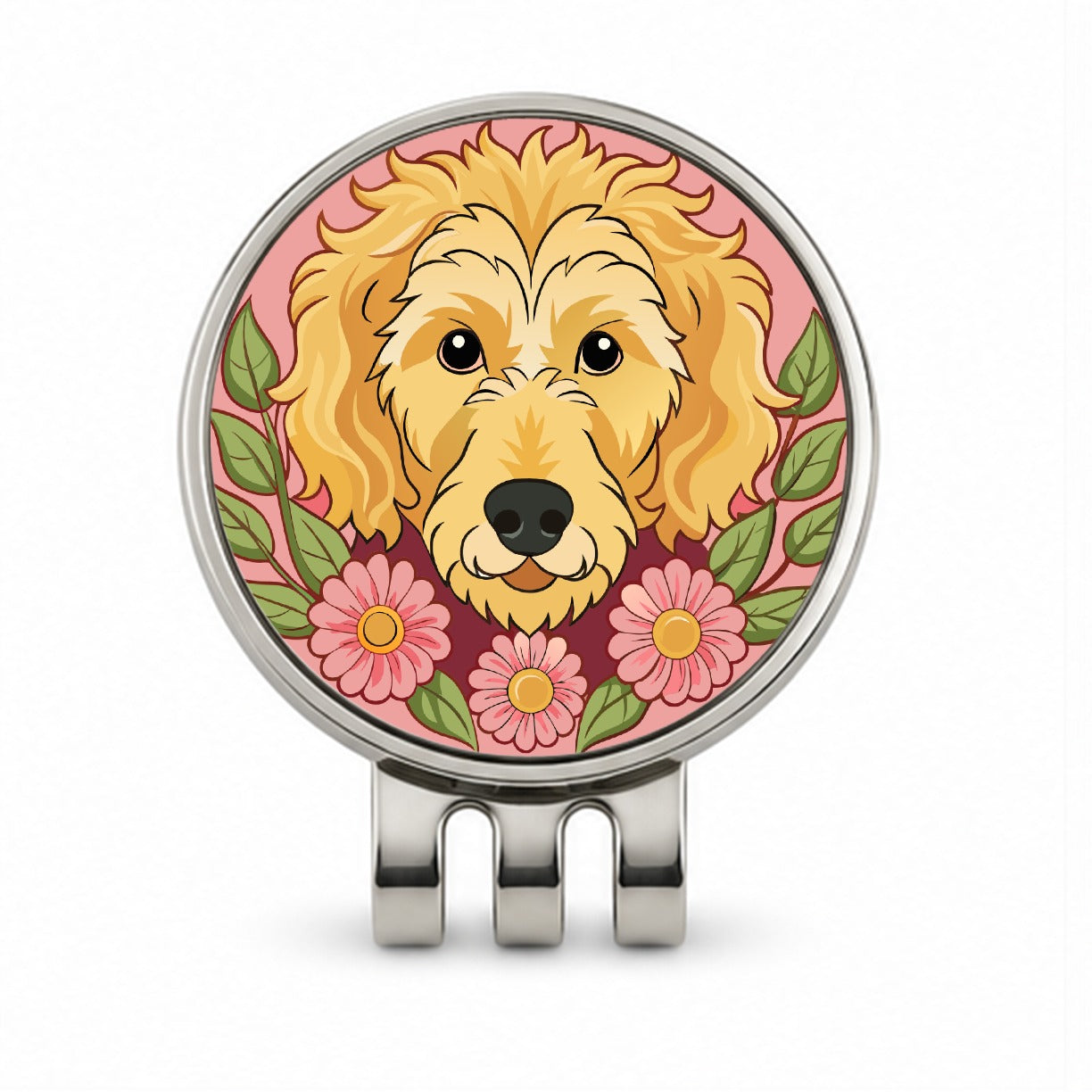 Golden Doodle Head Floral Motif Pink Dog Golf Hat Clip with Ball Marker