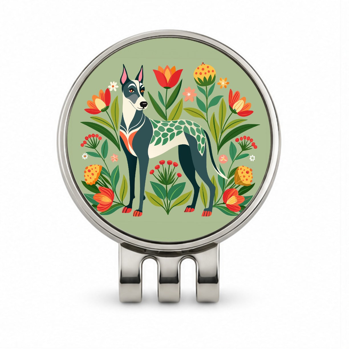 Great Dane Floral Motif Dog Standing Golf Hat Clip with Ball Marker