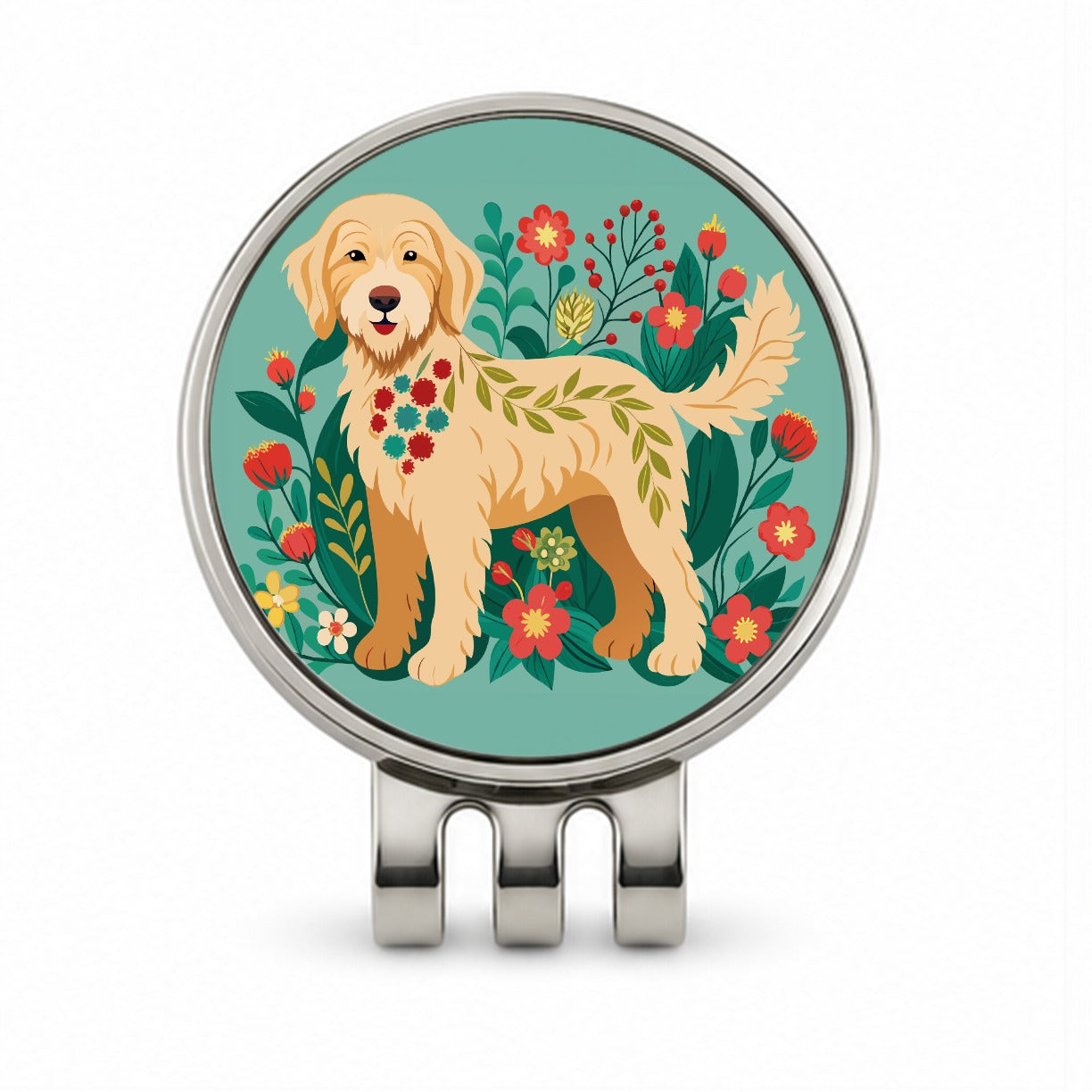 Labradoodle Floral Motif Tan Dog Golf Hat Clip with Ball Marker