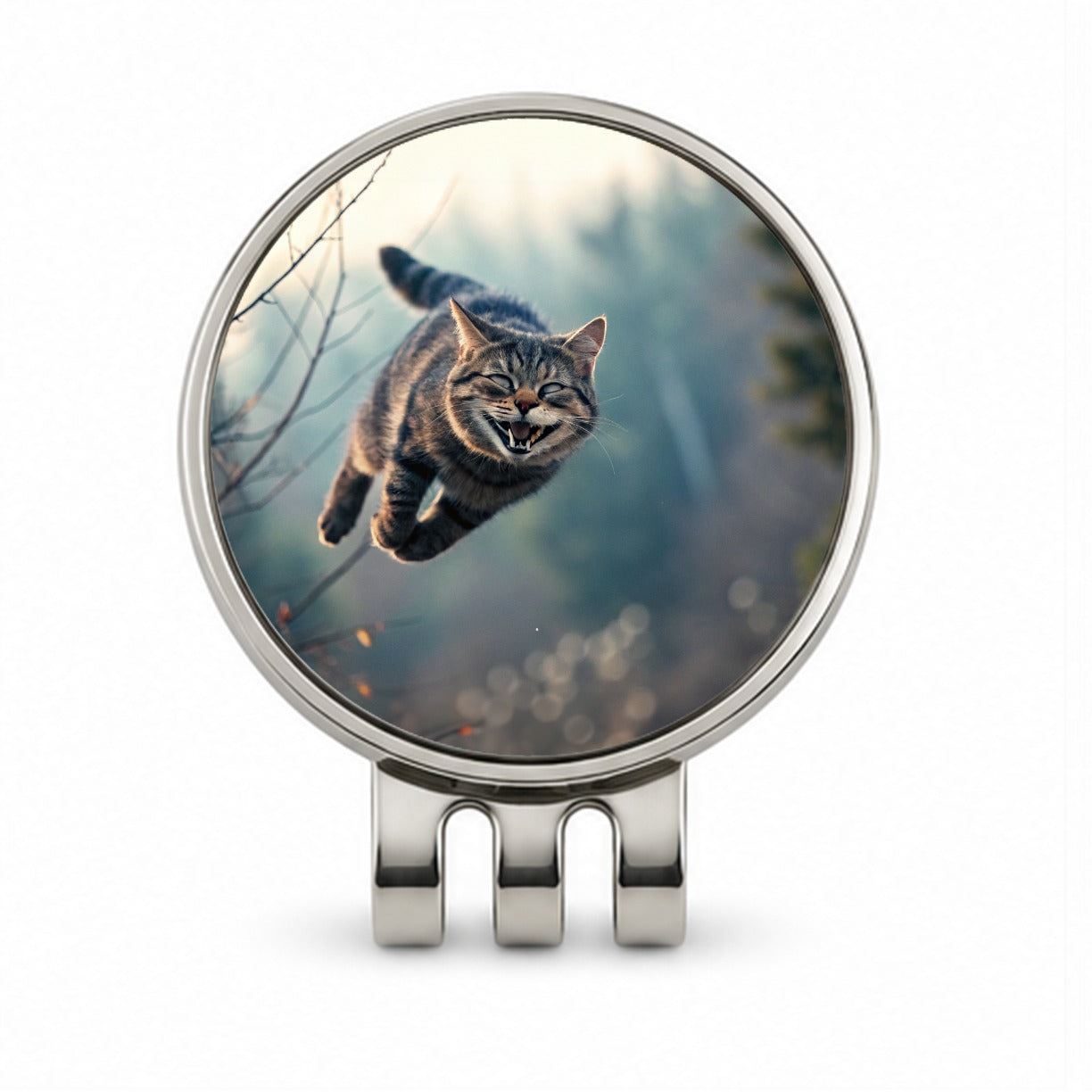 Leaping Funny Cat Grinning Golf Hat Clip with Ball Marker