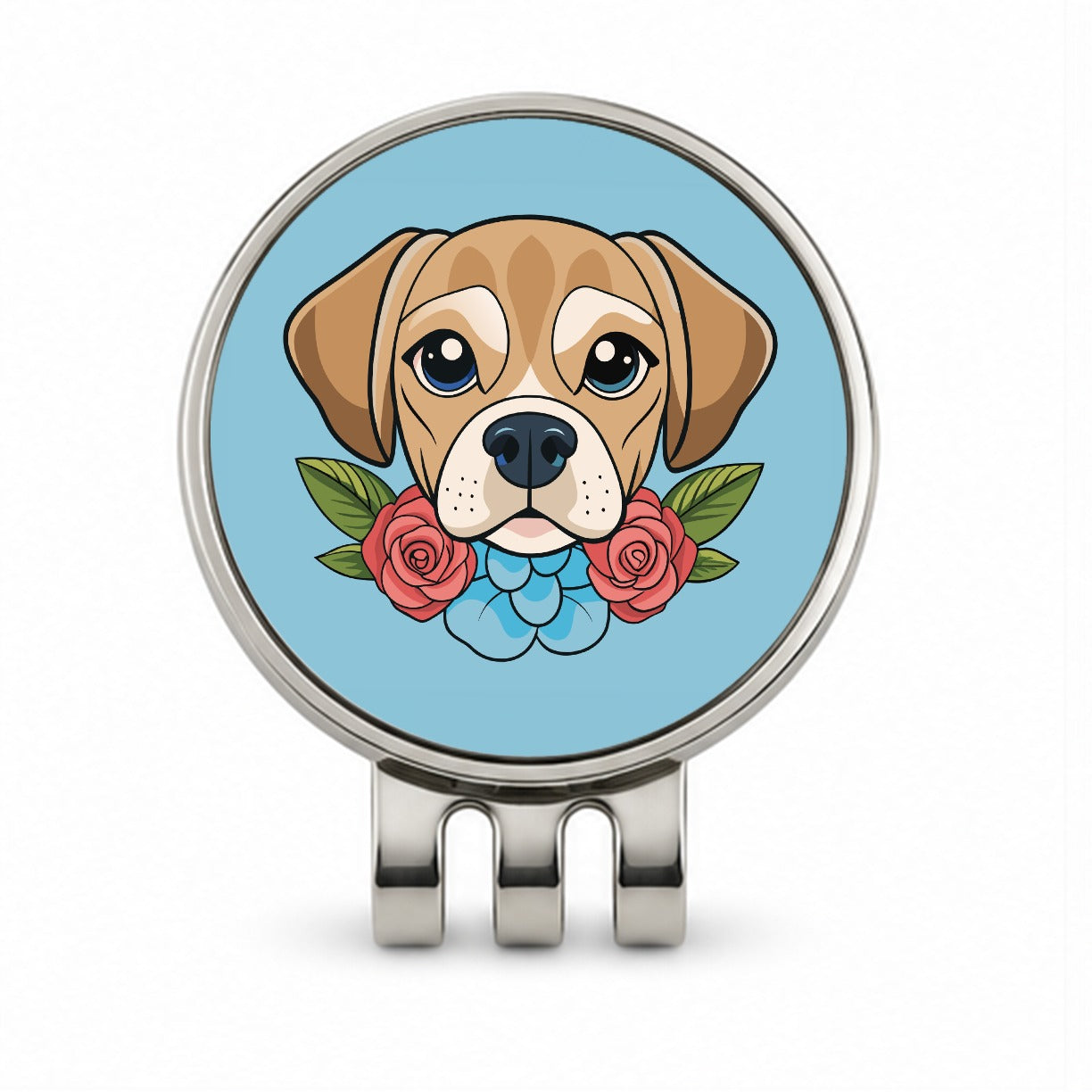 Puggle Head Floral Motif Blue Dog Golf Hat Clip with Ball Marker