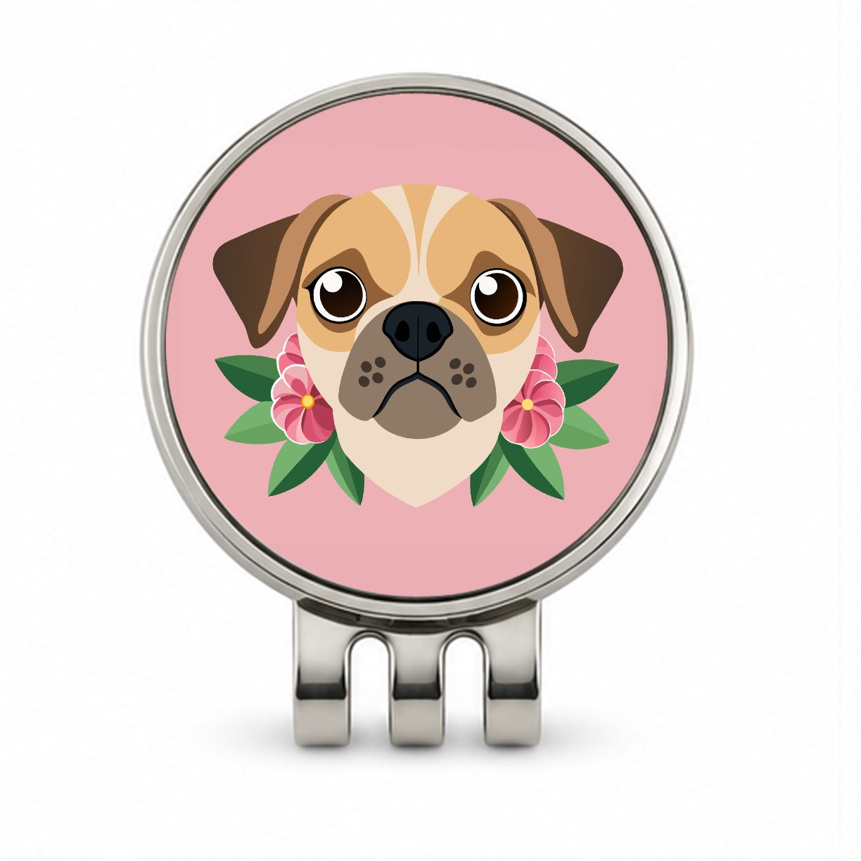 Puggle Head Floral Motif Pink Dog Golf Hat Clip with Ball Marker