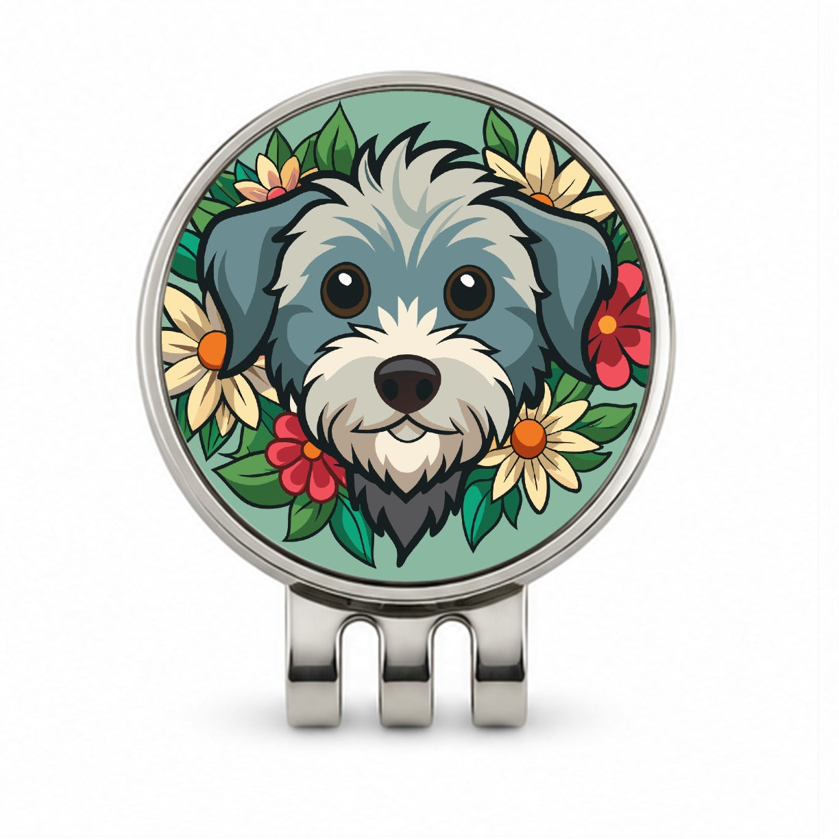 Schnoodle Head Floral Motif Green Dog Golf Hat Clip with Ball Marker
