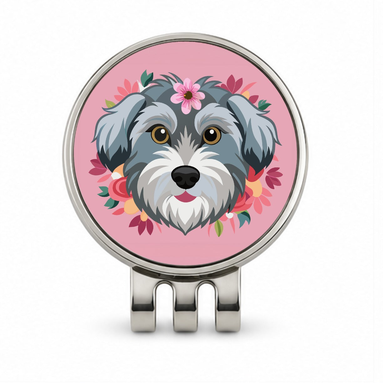 Schnoodle Head Floral Motif Pink Dog Golf Hat Clip with Ball Marker