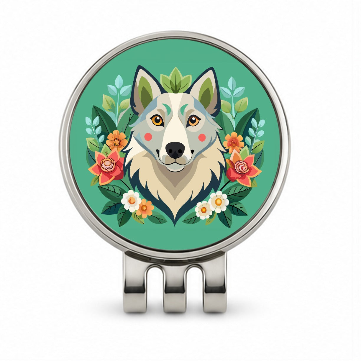 Siberian Retriever Head Floral Motif Green Dog Golf Hat Clip with Ball Marker