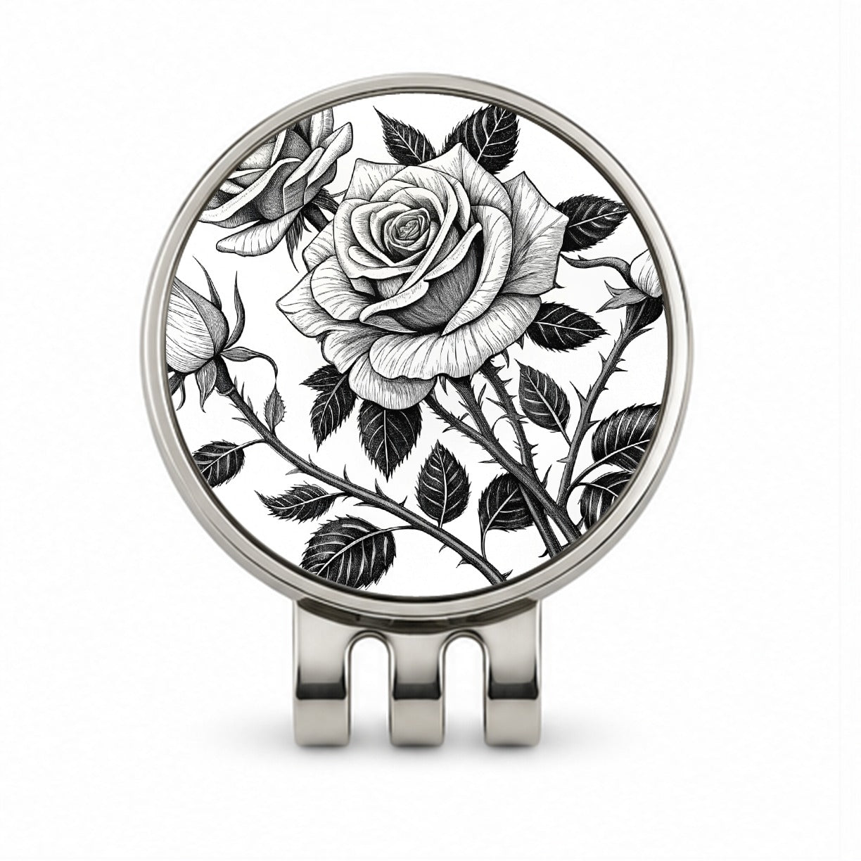 Black White Roses Golf Hat Clip with Ball Marker