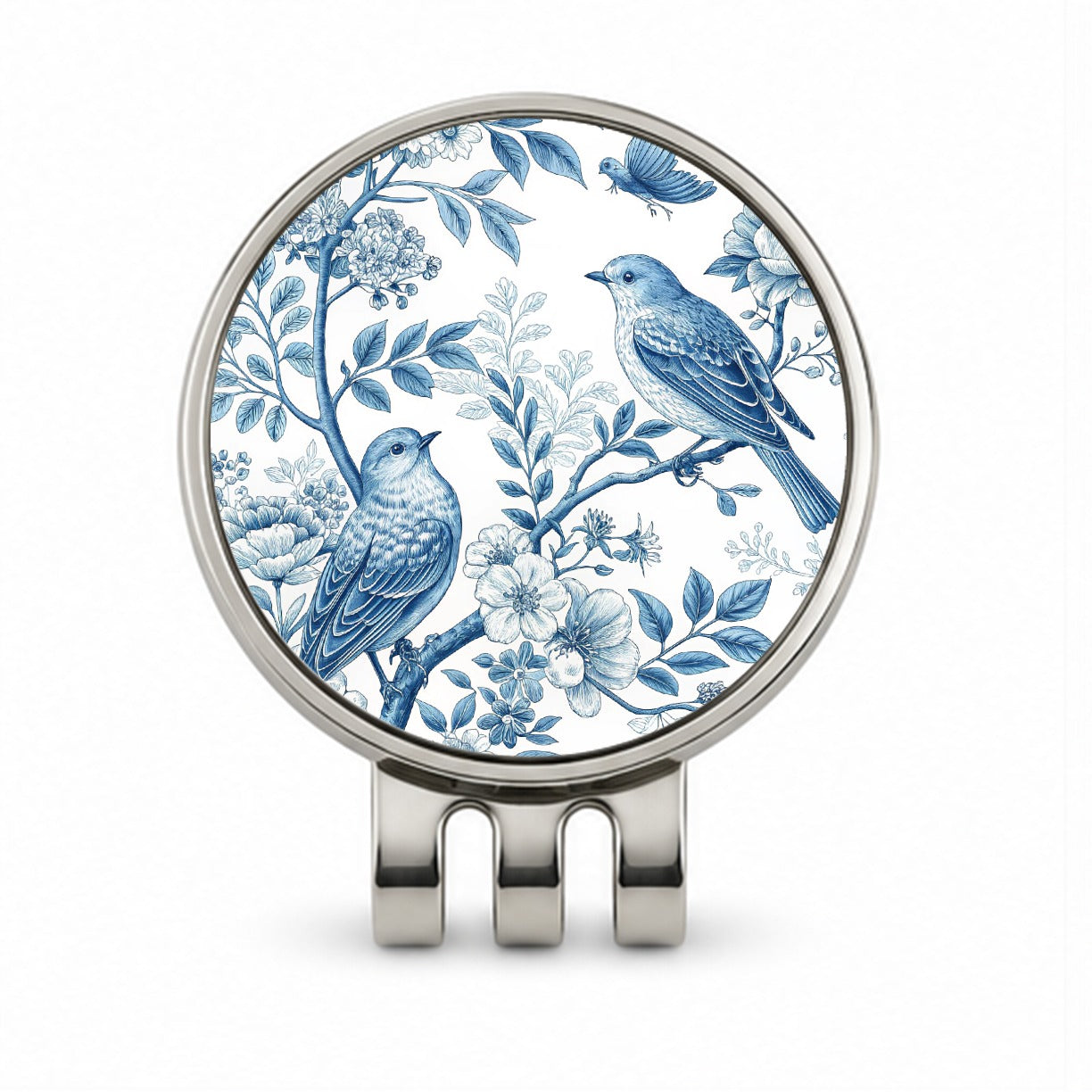 Blue On White Toile With Birds Golf Hat Clip with Ball Marker