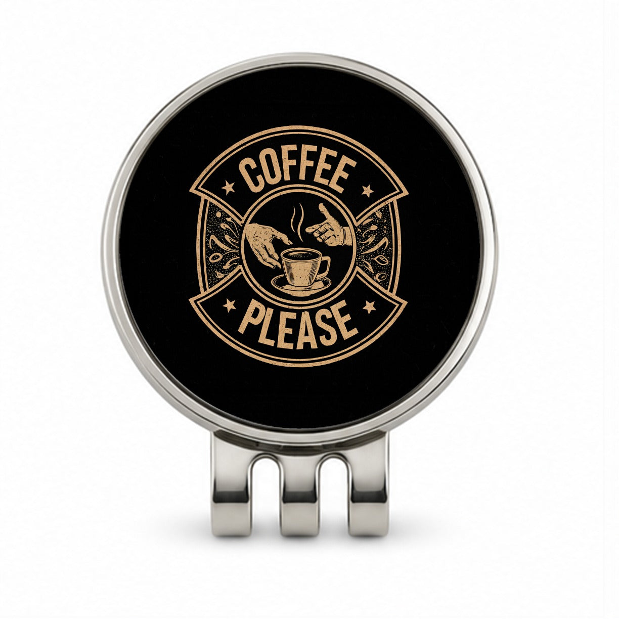 Coffee Please Black Tan Golf Hat Clip with Ball Marker
