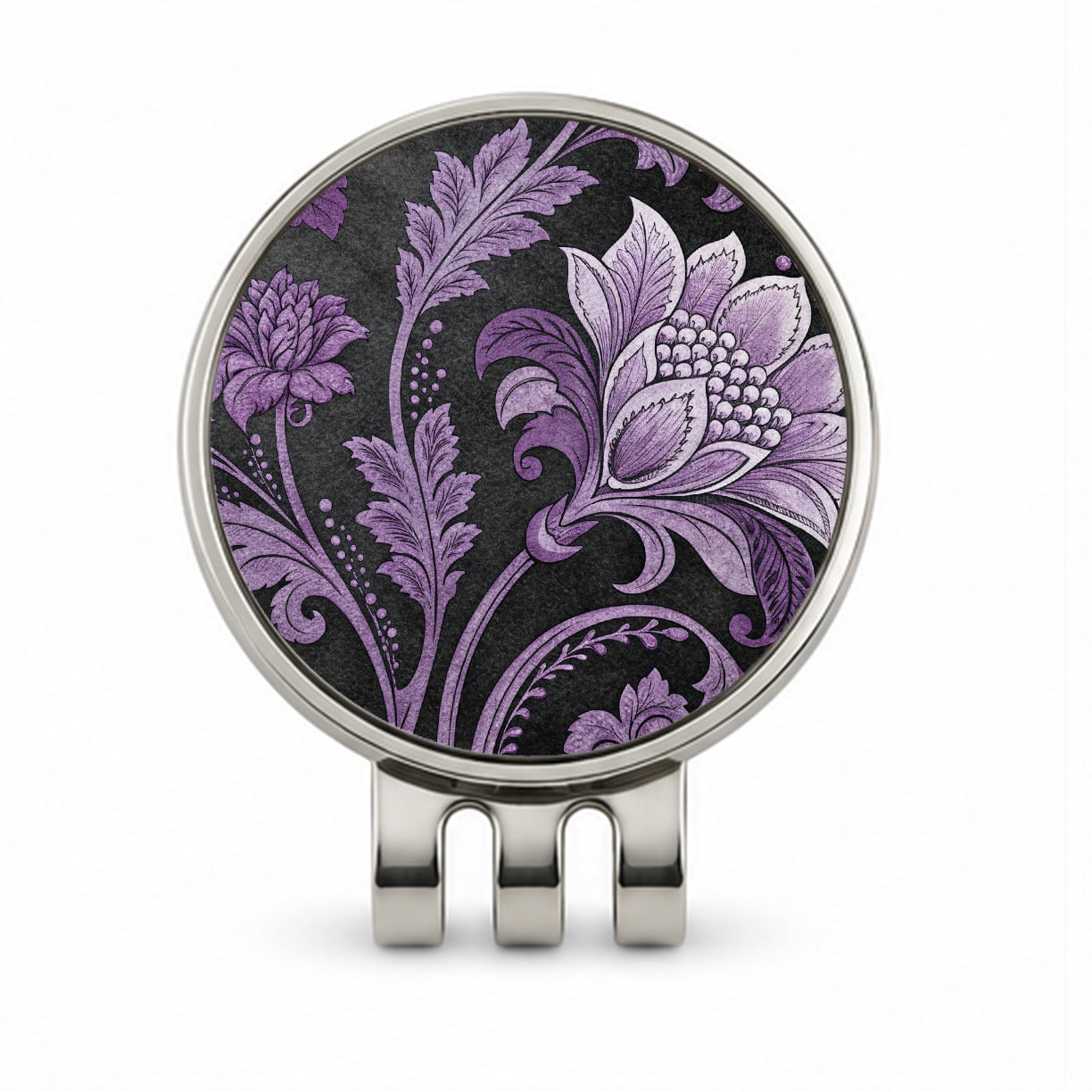Purple Damask On Black Golf Hat Clip with Ball Marker