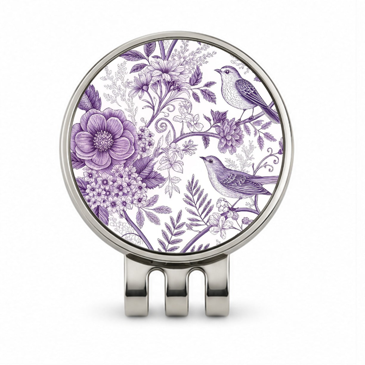 Purple On White Toile With Birds Golf Hat Clip with Ball Marker