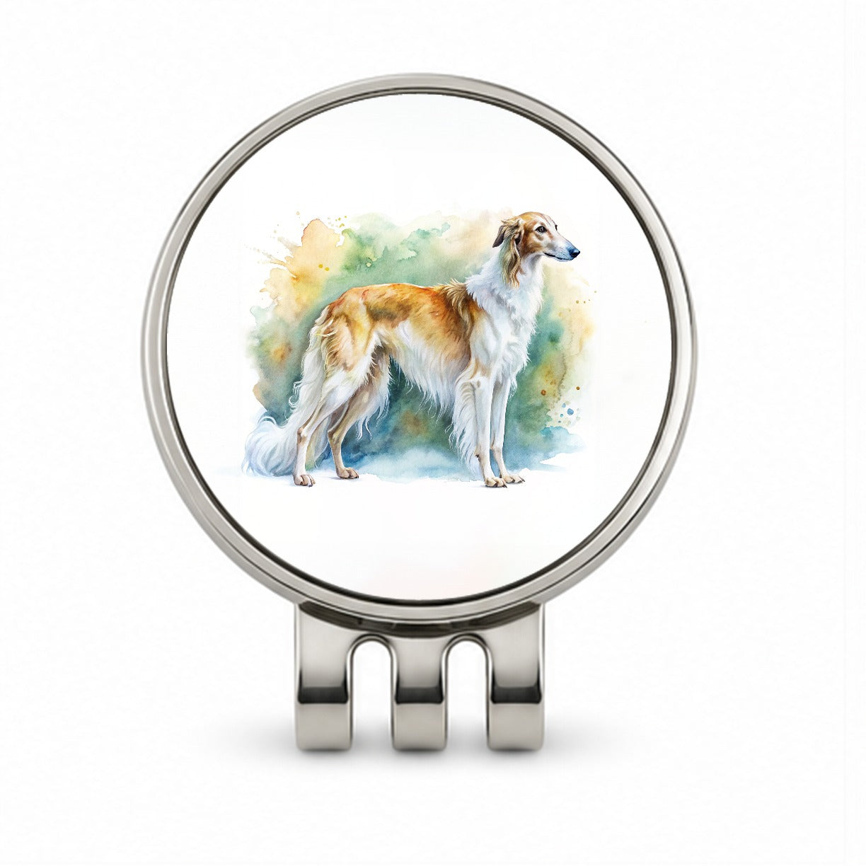 Borzoi Dog Watercolor Style Golf Hat Clip with Ball Marker