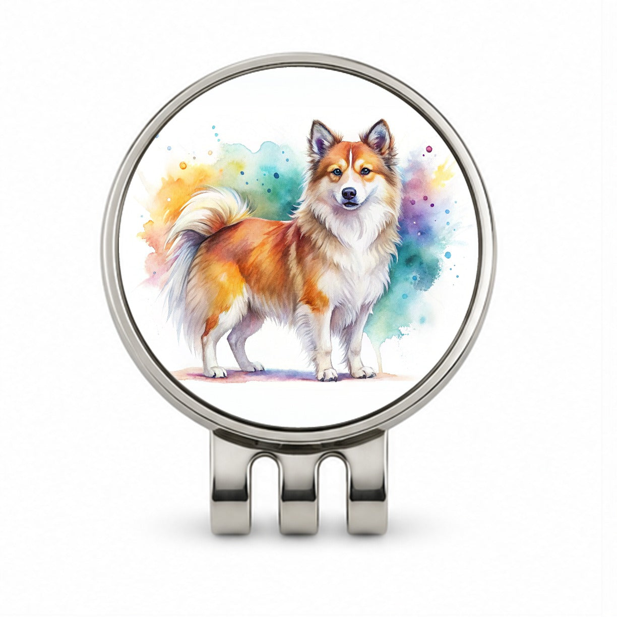Icelandic Sheepdog Dog Watercolor Style Golf Hat Clip with Ball Marker