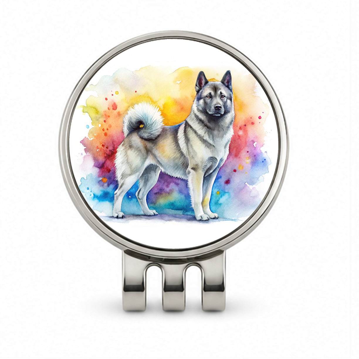 Norwegian Elkhound Dog Watercolor Style Golf Hat Clip with Ball Marker