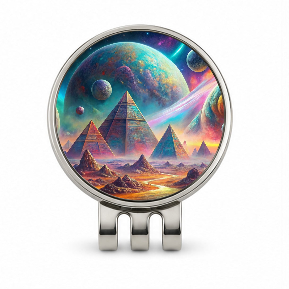 Psychedelic Alien Planet With Pyramids Vibrant Colors Golf Hat Clip with Ball Marker