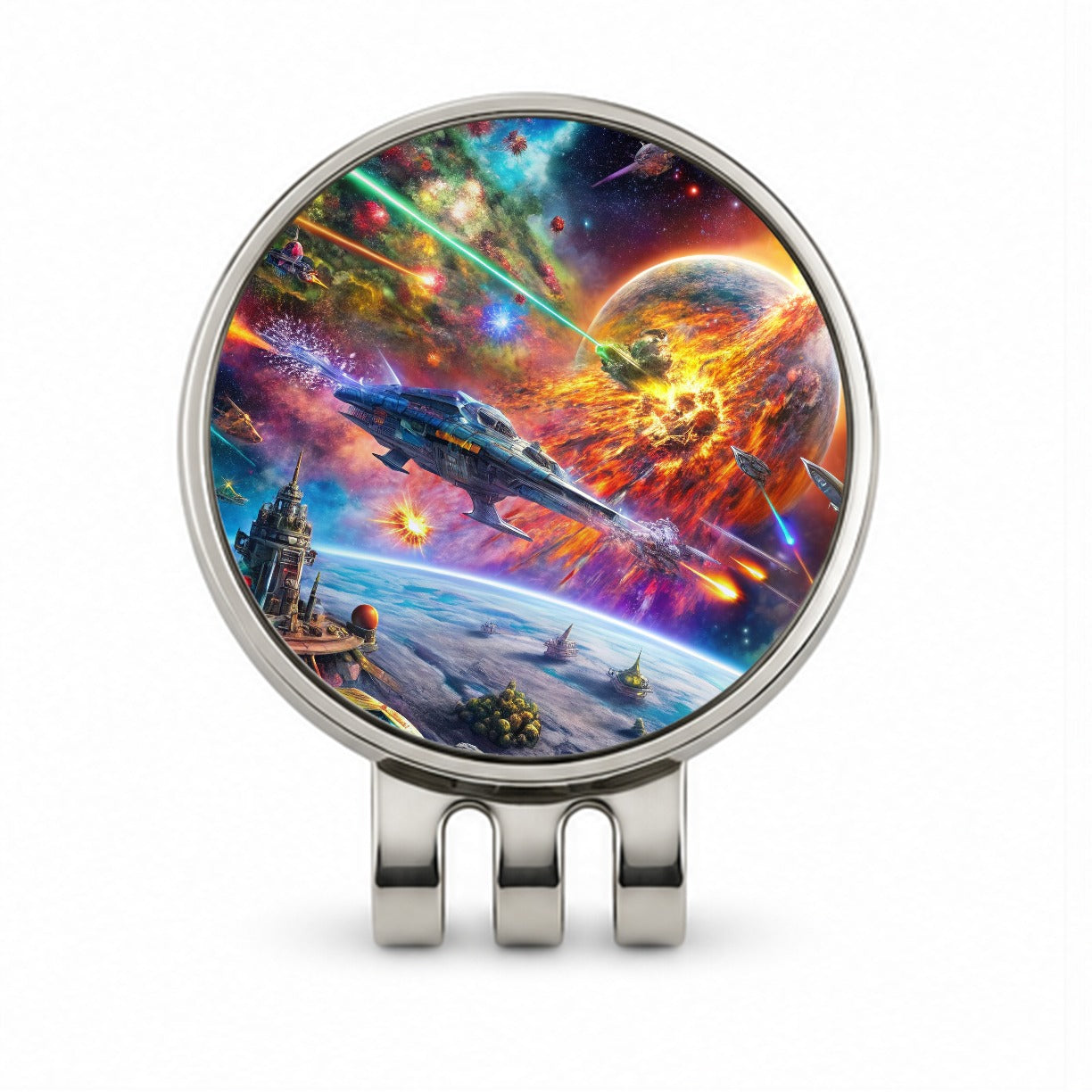 Psychedelic Colorful Space Sci-fi Starship Battle Golf Hat Clip with Ball Marker