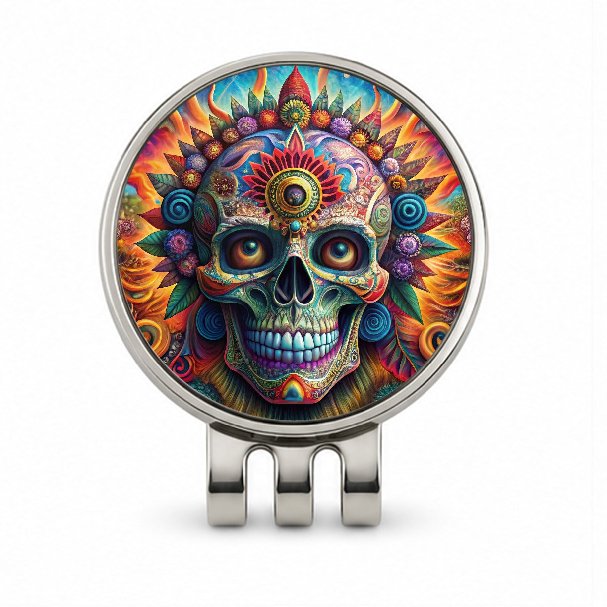 Psychedelic Day of the Dead Skull Vibrant Colors Golf Hat Clip with Ball Marker