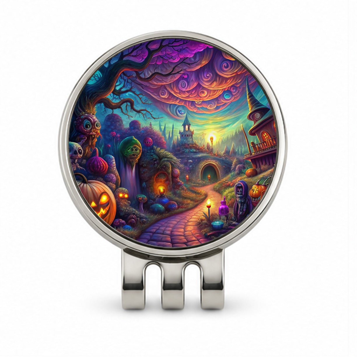 Psychedelic Halloween Town Scene Vibrant Colors Golf Hat Clip with Ball Marker