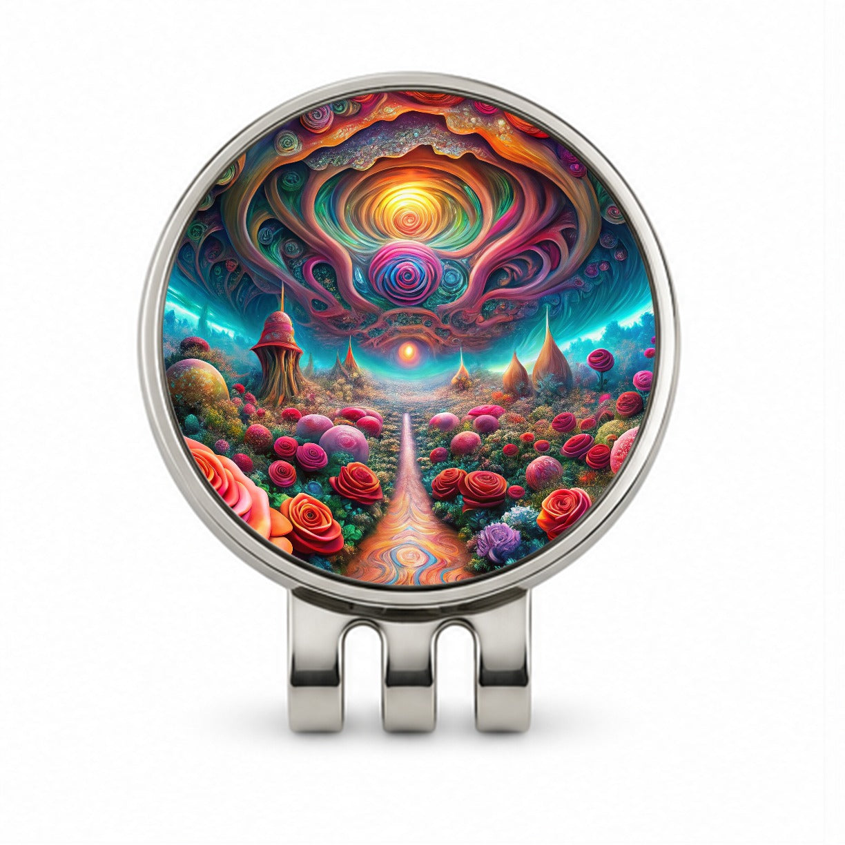 Psychedelic Lots of Roses Vibrant Colors Golf Hat Clip with Ball Marker