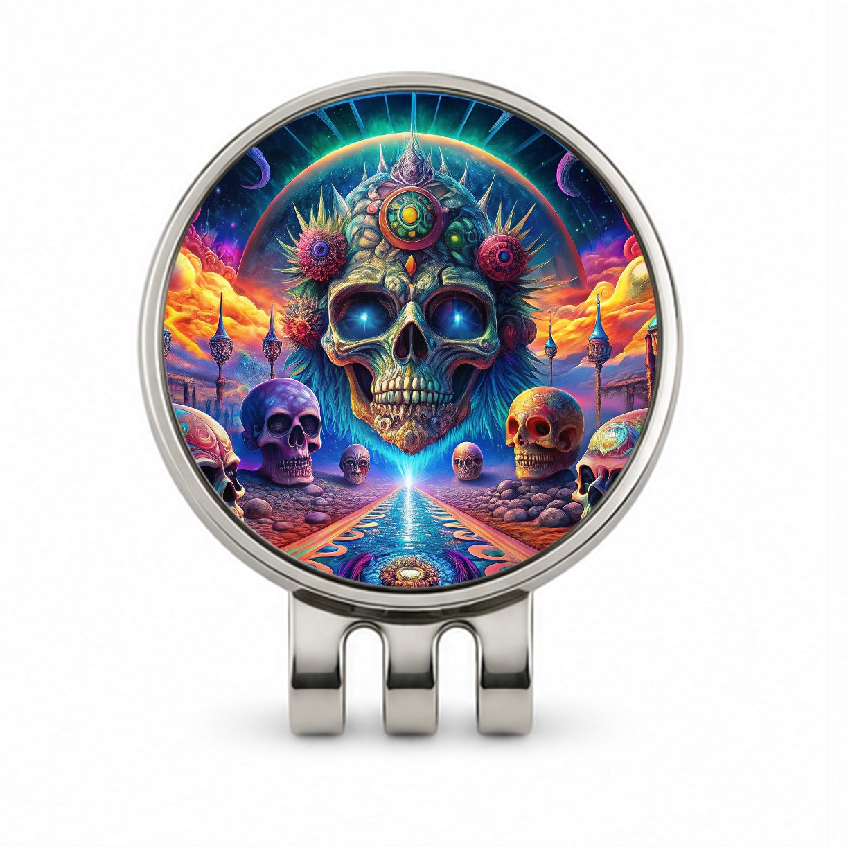 Psychedelic Skulls Design Golf Hat Clip with Ball Marker
