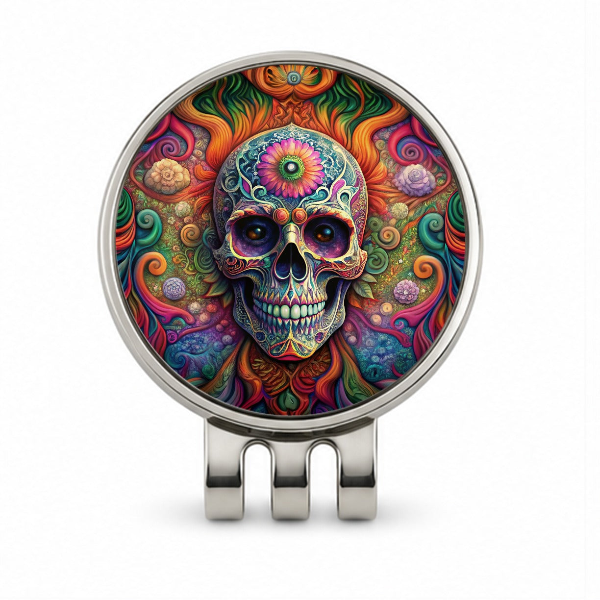 Psychedelic Sugar Skull Day of the Dead Golf Hat Clip with Ball Marker