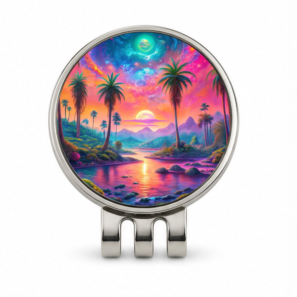 Psychedelic Tropical Palm Trees Colorful Scene Golf Hat Clip with Ball Marker