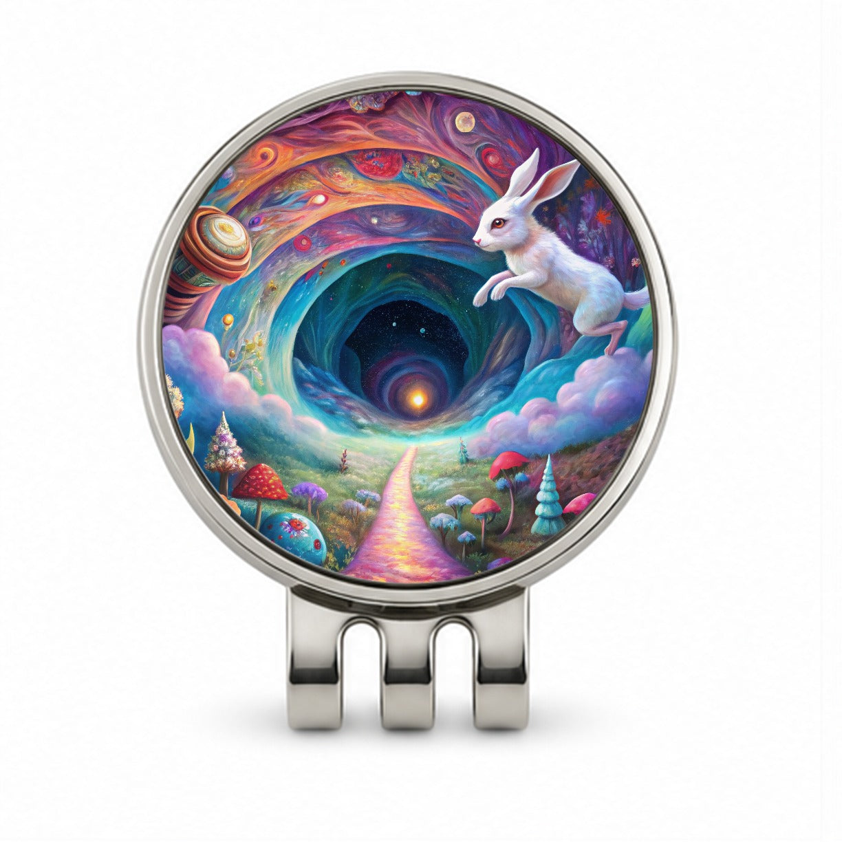 Psychedelic Wonderland White Rabbit Going Down The Hole Golf Hat Clip with Ball Marker