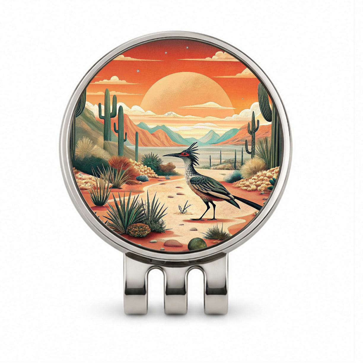 Southwestern Desert Sunrise Roadrunner Design Golf Hat Clip with Ball Marker