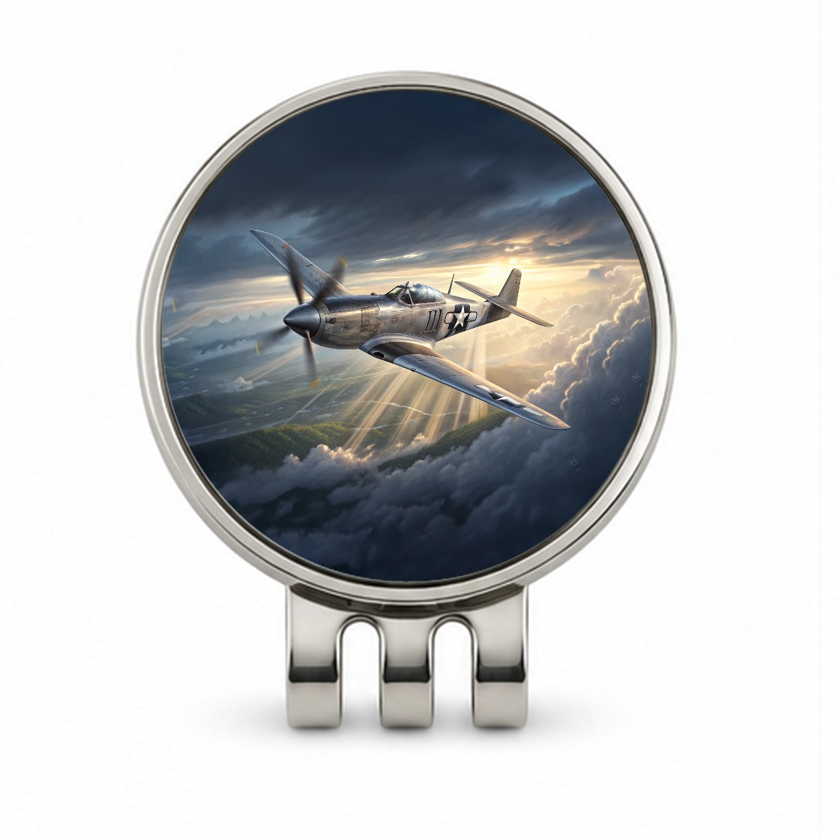 WWII Mustang US Air Force Fighter Plane In Flight Golf Hat Clip with Ball Marker