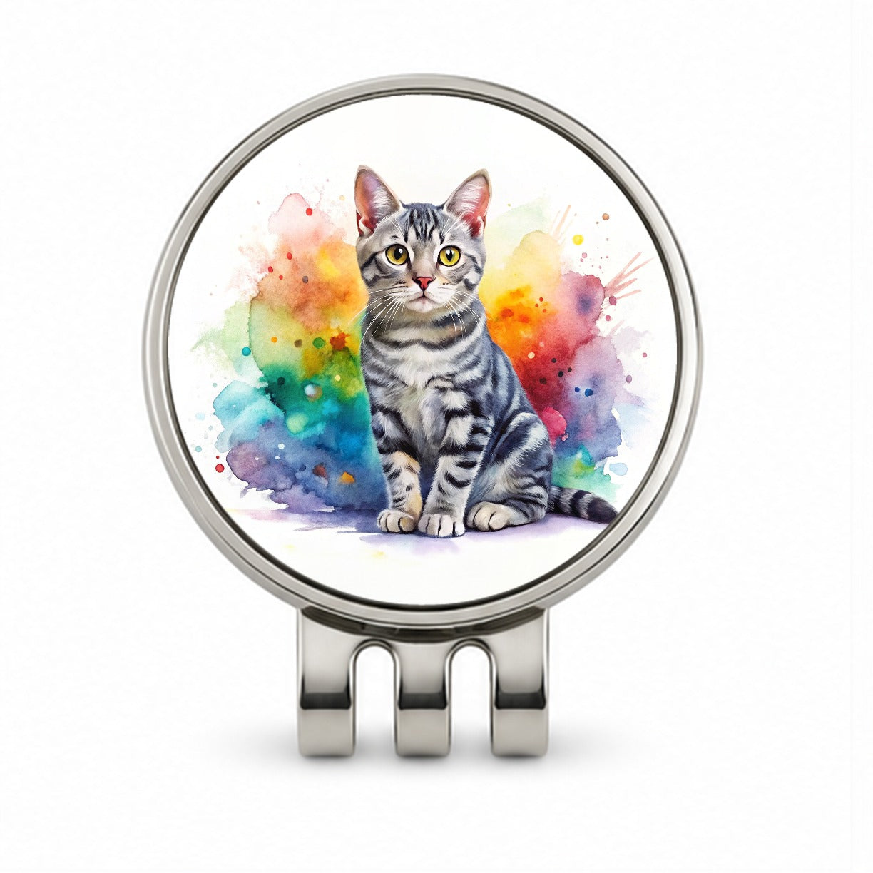 American Shorthair Cat Watercolor Style Golf Hat Clip with Ball Marker